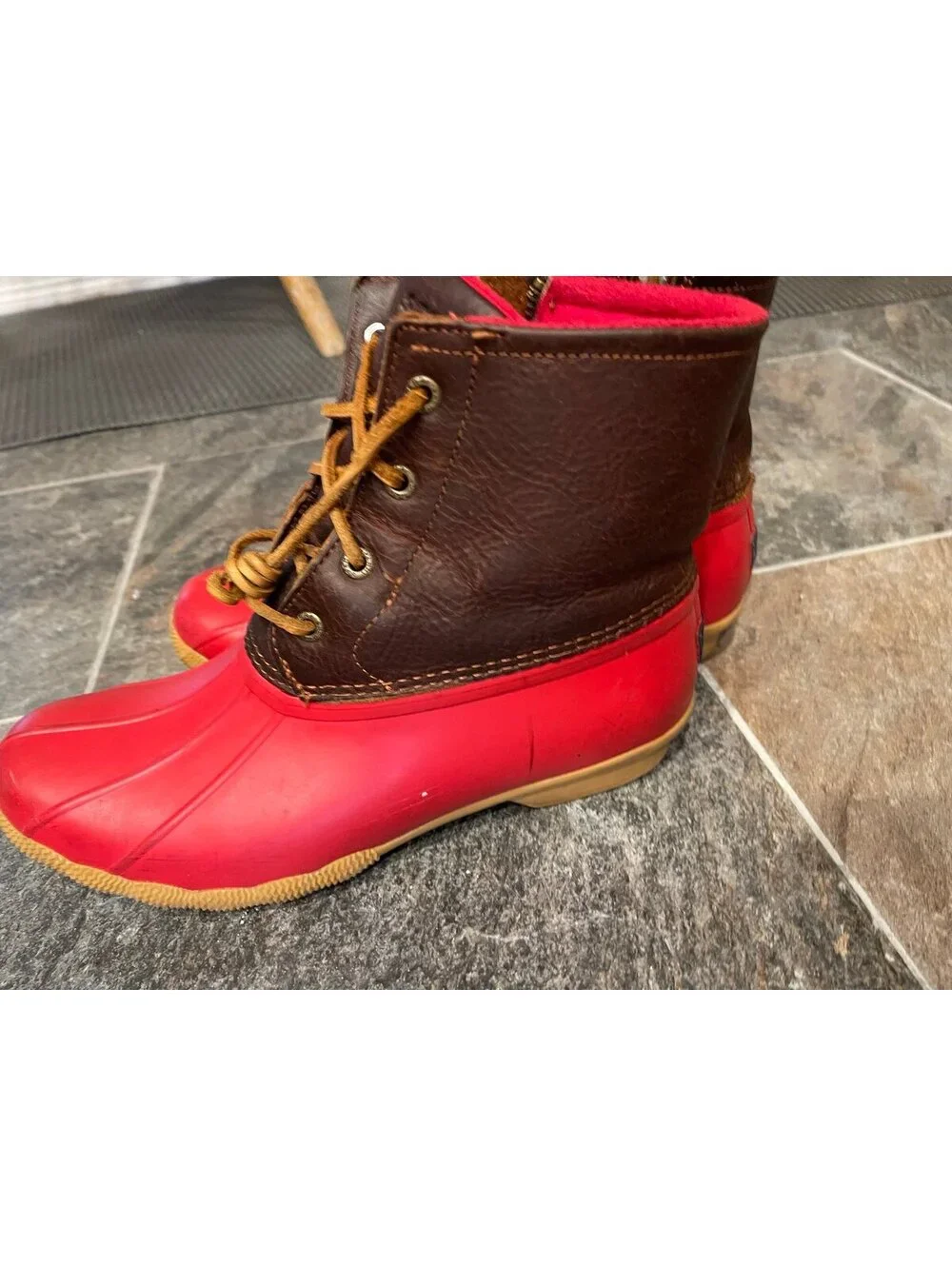 Sperry Saltwater Red Brown Duck Rain Boots Size 9.5